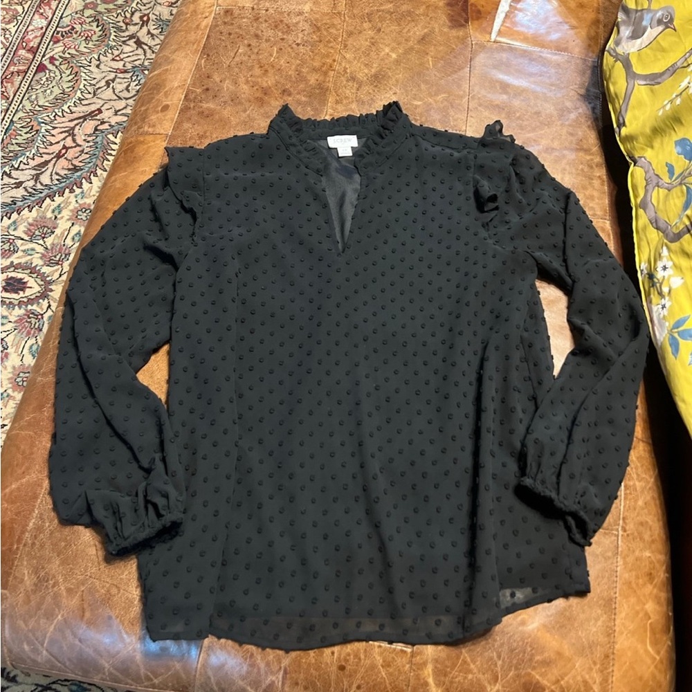 J crew Swiss dot black blouse top 
Size XS fully lined 23” long